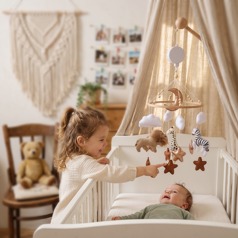 Baby Nursery Music - Houten bedbel babywieg mobiel met muziekdoosje,