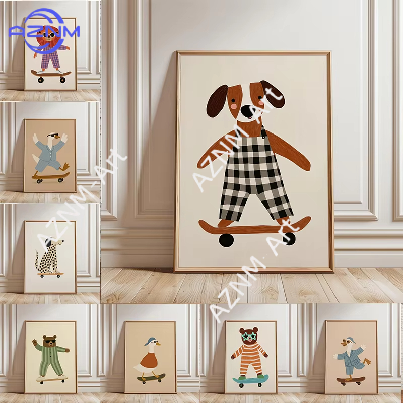 Baby Nursery Things - 1PC Grappige Dieren Skateboarden Poster Trendy